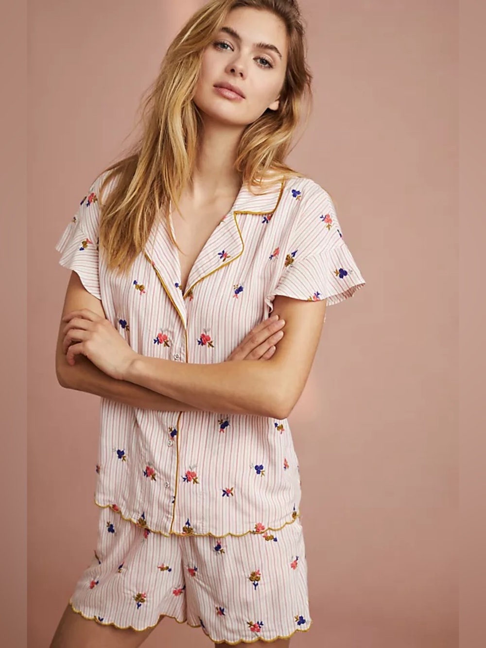 Anthropologie embroidered short pajamas set, S